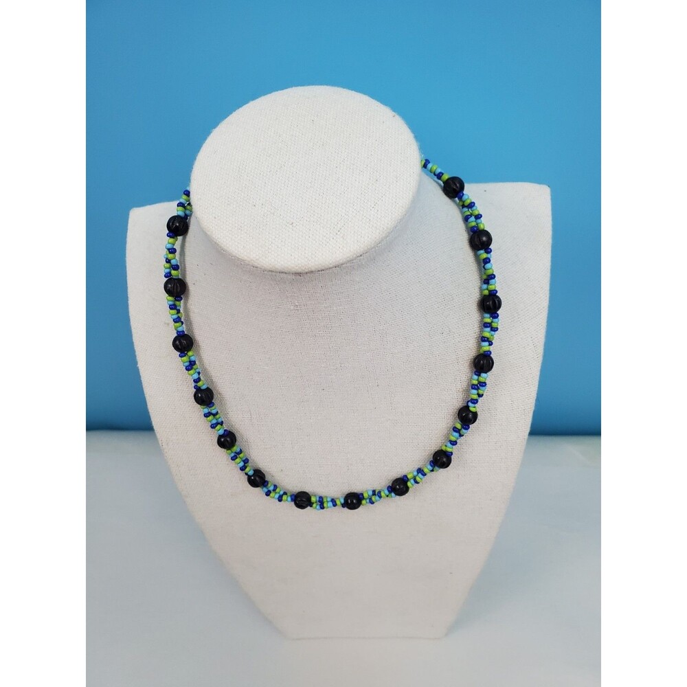 Vintage Beaded Necklace Multi Color Blue Green Black Multi Strand Segment Collar